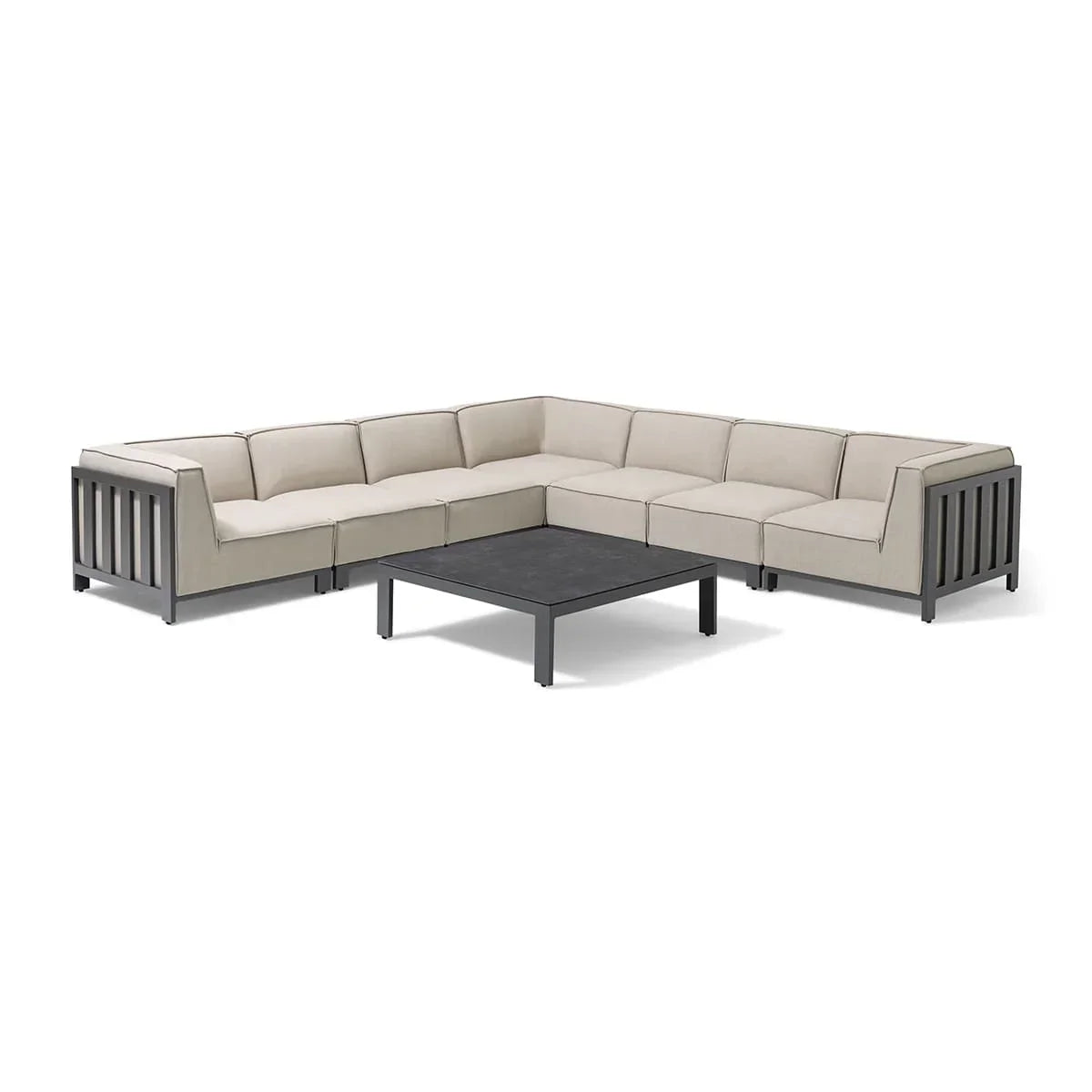 Beige outdoor corner sofa set with metal frame and square black coffee table