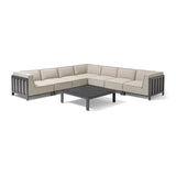 Beige outdoor corner sofa set with metal frame and square black coffee table