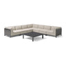 Beige outdoor corner sofa set with metal frame and square black coffee table