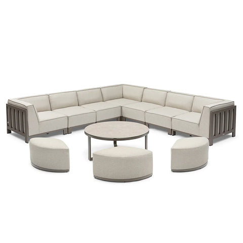 Beige corner modular sofa set with round coffee table and three matching stools