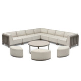 Beige corner modular sofa set with round coffee table and three matching stools