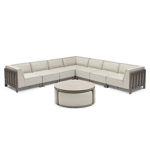 Light beige corner garden sofa set with metal frame and matching round coffee table