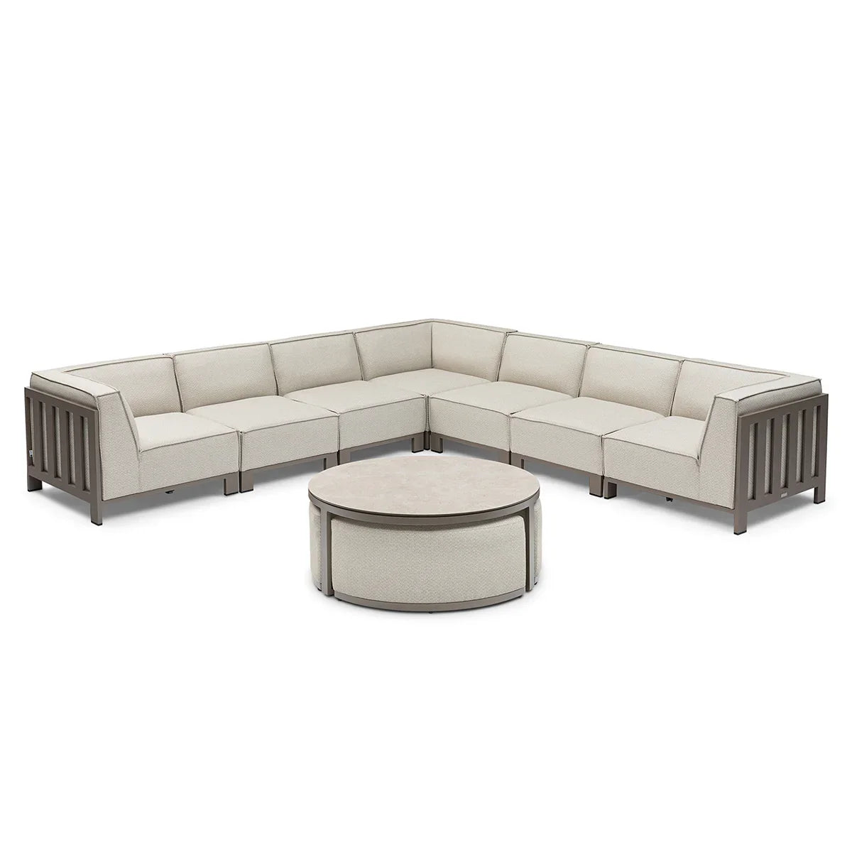 Light beige corner garden sofa set with metal frame and matching round coffee table