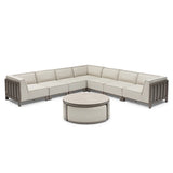 Light beige corner garden sofa set with metal frame and matching round coffee table