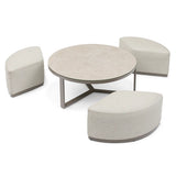 Beige fabric modular seating set with round stone top coffee table and metal legs