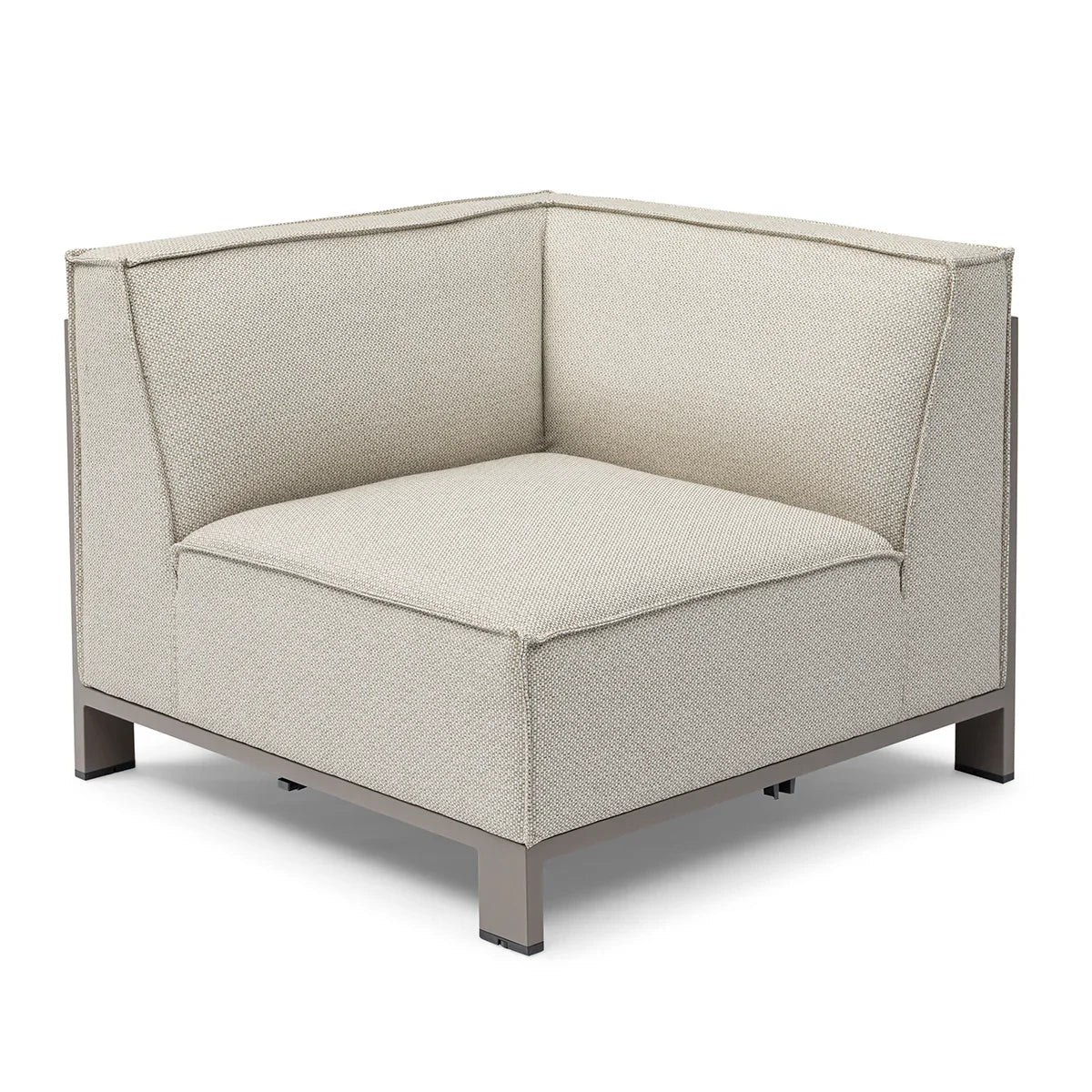 Modern corner sofa section with beige fabric upholstery and metal base, angled view