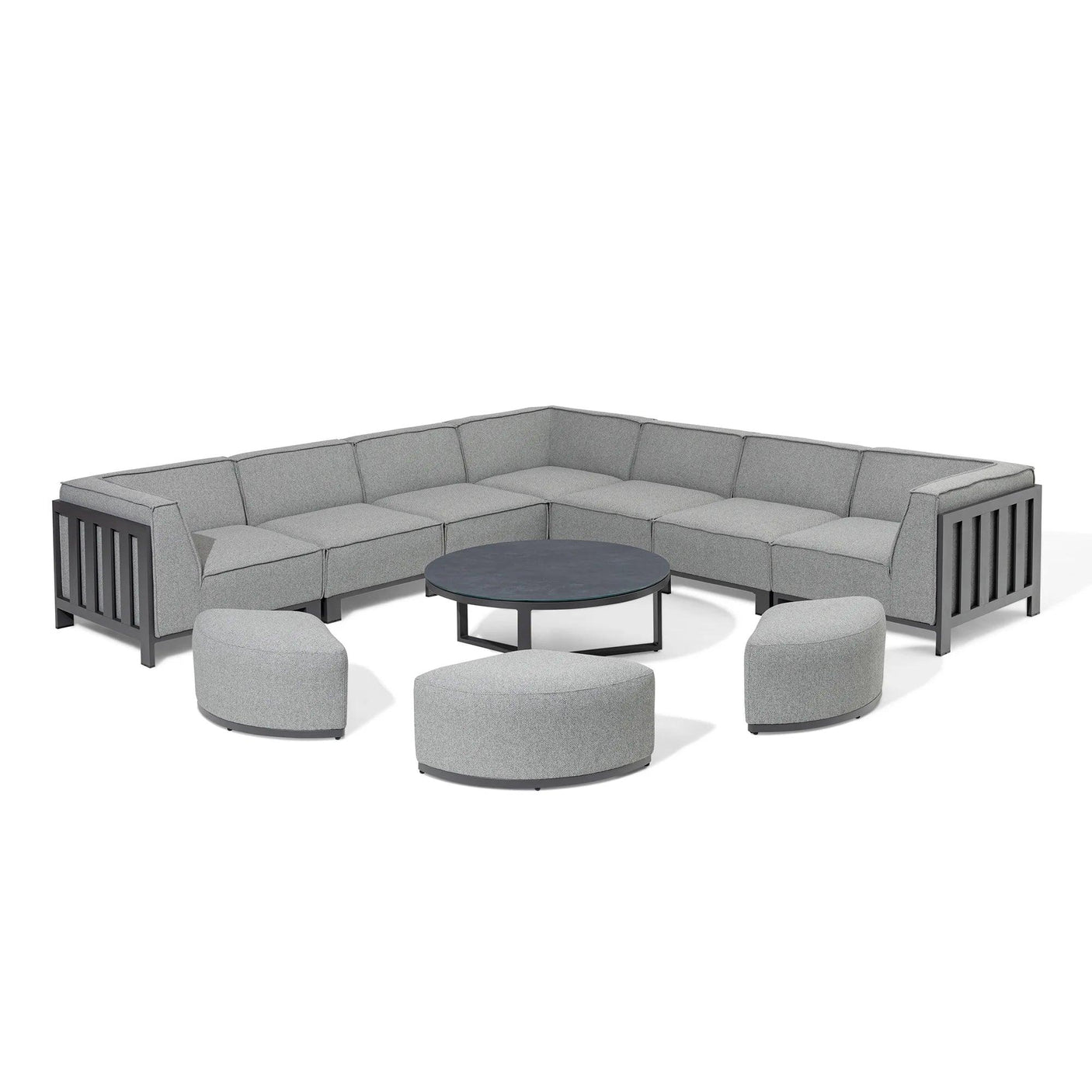 Grey corner outdoor sofa set with round coffee table and matching curved stools