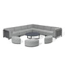 Grey corner outdoor sofa set with round coffee table and matching curved stools