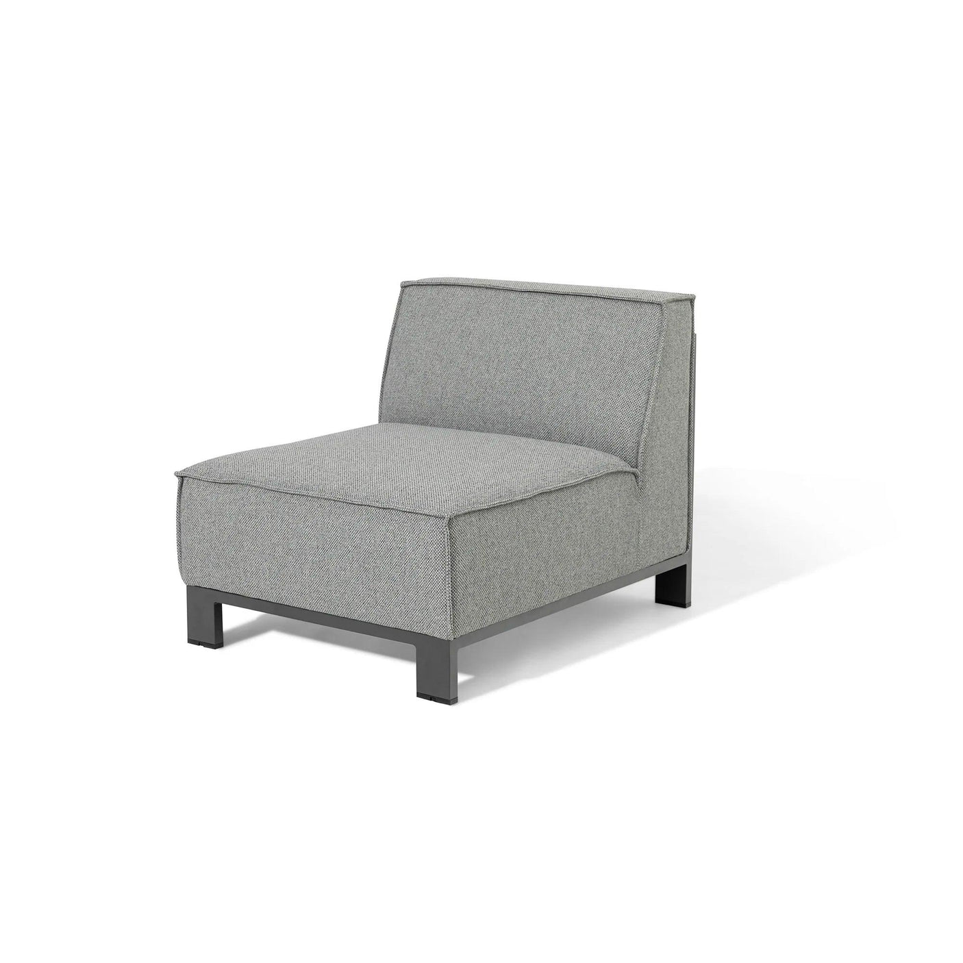 Grey fabric armless sofa chair with metal legs on white background