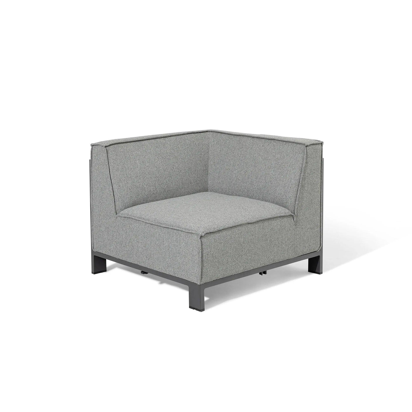 Grey fabric corner sofa seat with metal legs, modern design, shown on white background