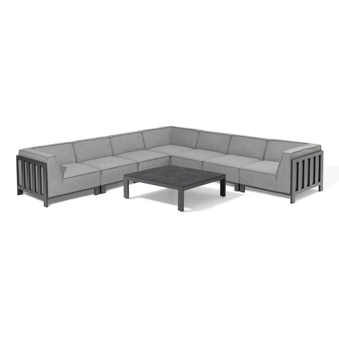 Grey corner garden sofa set with metal frame and square coffee table