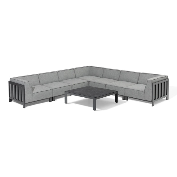 Grey corner garden sofa set with metal frame and square coffee table