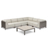 Beige outdoor corner sofa set with metal frame and matching low coffee table
