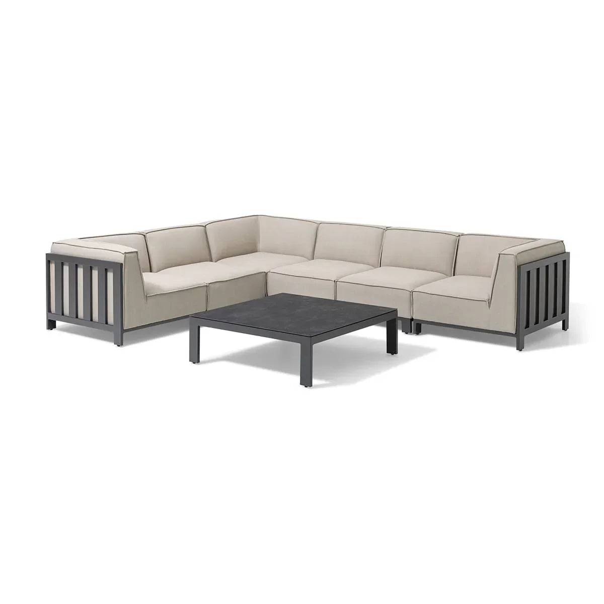Beige outdoor corner sofa set with black metal frame and low square coffee table