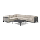 Beige outdoor corner sofa set with black metal frame and low square coffee table