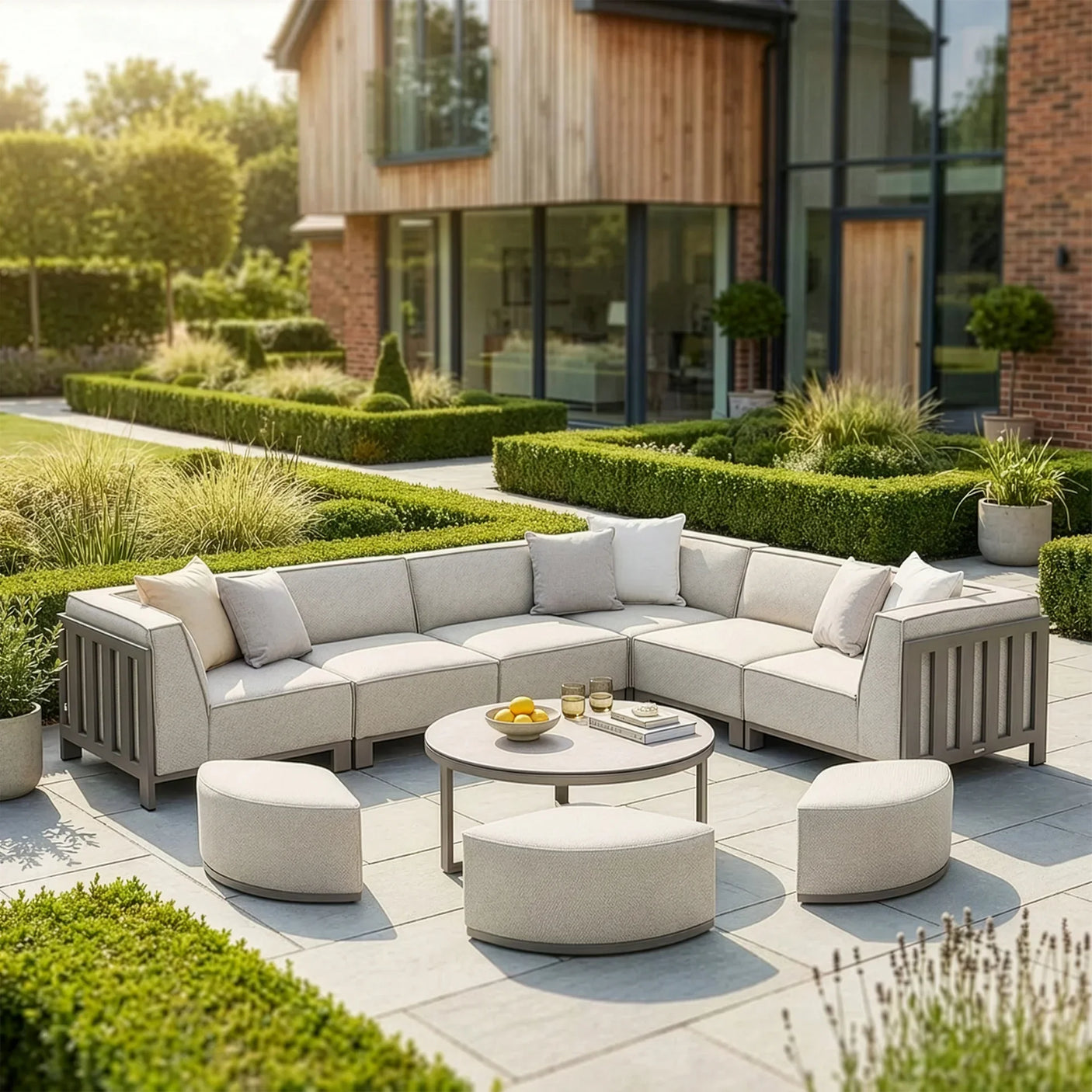 Outdoor corner sofa set with cushions and round coffee table on a modern patio