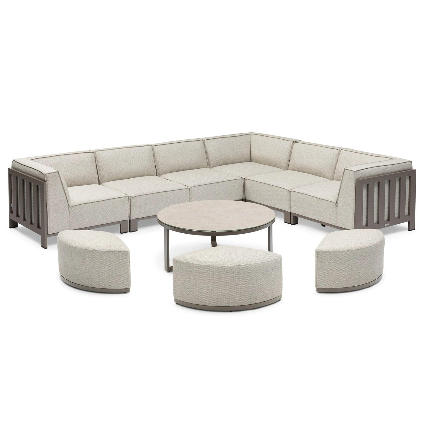 Beige outdoor corner sofa set with metal frame, three curved stools, and round coffee table