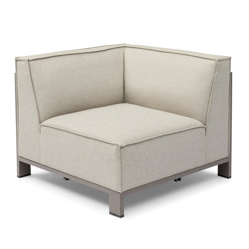 Beige fabric corner sofa section with metal frame and plush seat cushion