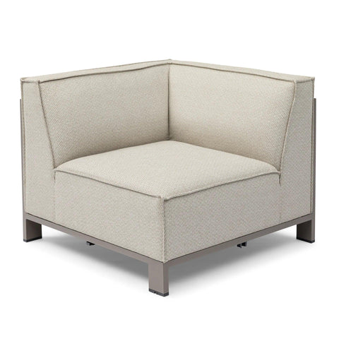 Beige fabric corner sofa section with metal frame and plush seat cushion