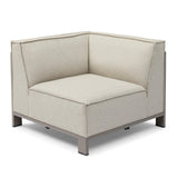 Beige fabric corner sofa section with metal frame and plush seat cushion