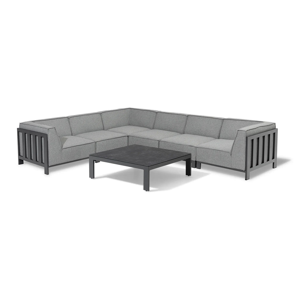 Grey corner outdoor sofa set with metal frame and matching square coffee table