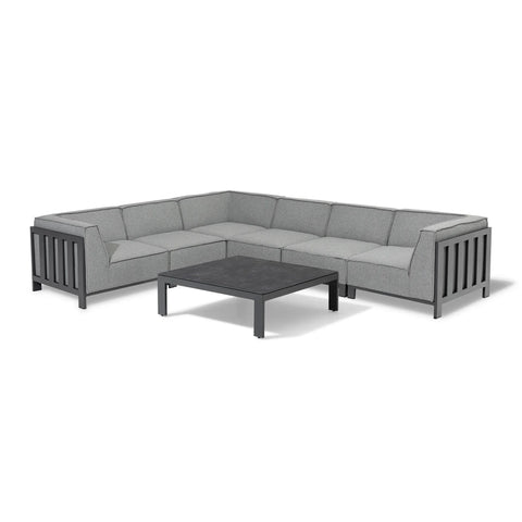 Grey corner outdoor sofa set with metal frame and matching square coffee table