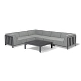 Grey corner outdoor sofa set with metal frame and matching square coffee table