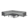 Grey corner outdoor sofa set with metal frame and matching square coffee table