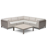 Beige corner sofa set with metal frame and low square coffee table on white background