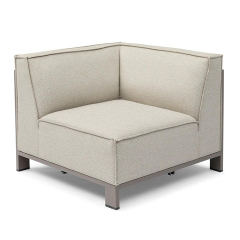 Beige fabric corner sofa chair with metal legs, angled front view