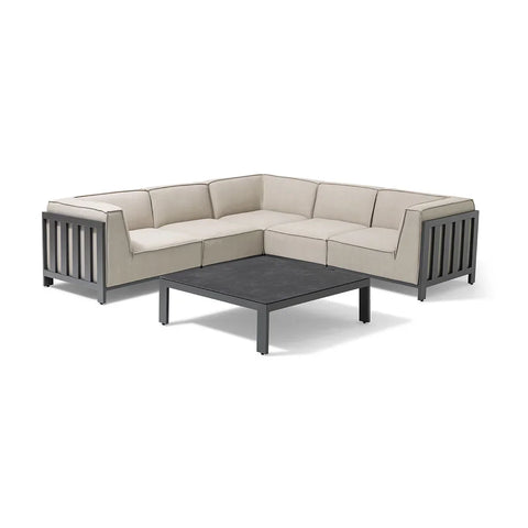 Outdoor corner sofa set with grey metal frame and beige cushions, paired with a square coffee table