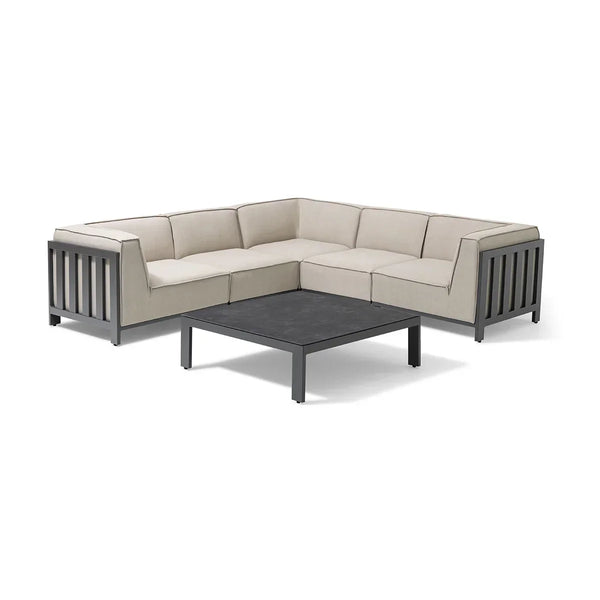 Outdoor corner sofa set with grey metal frame and beige cushions, paired with a square coffee table