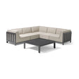 Outdoor corner sofa set with grey metal frame and beige cushions, paired with a square coffee table