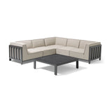 Outdoor corner sofa set with grey metal frame and beige cushions, paired with a square coffee table