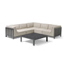Outdoor corner sofa set with grey metal frame and beige cushions, paired with a square coffee table