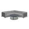Grey corner outdoor sofa set with matching round coffee table on white background