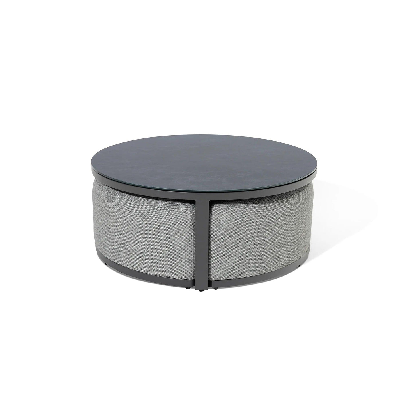 Round grey fabric coffee table with black metal frame on white background