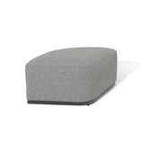 Grey fabric ottoman with curved edges and black base on white background