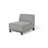 Grey fabric armless modular sofa chair with black metal legs, angled view