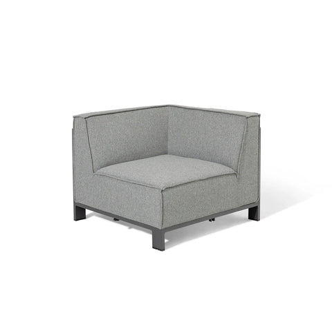 Grey fabric corner sofa section with metal legs on white background