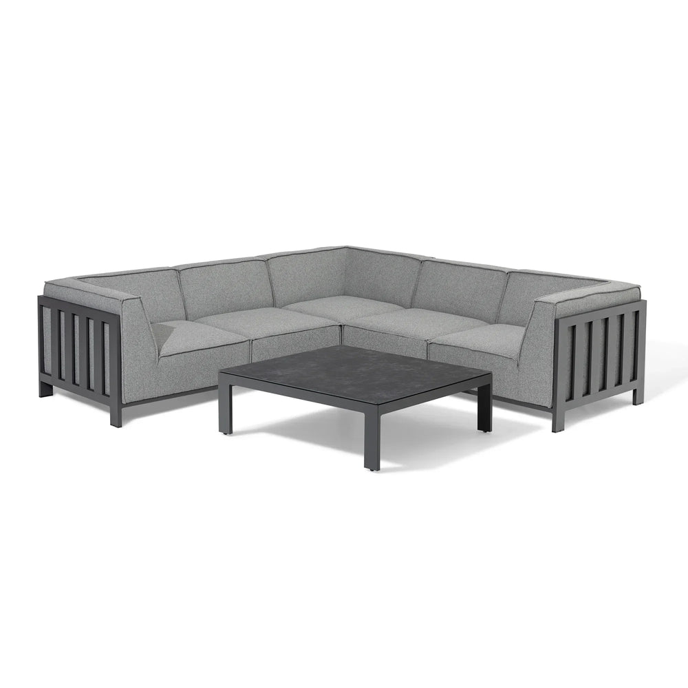 Grey outdoor corner sofa set with aluminium frame and low square coffee table