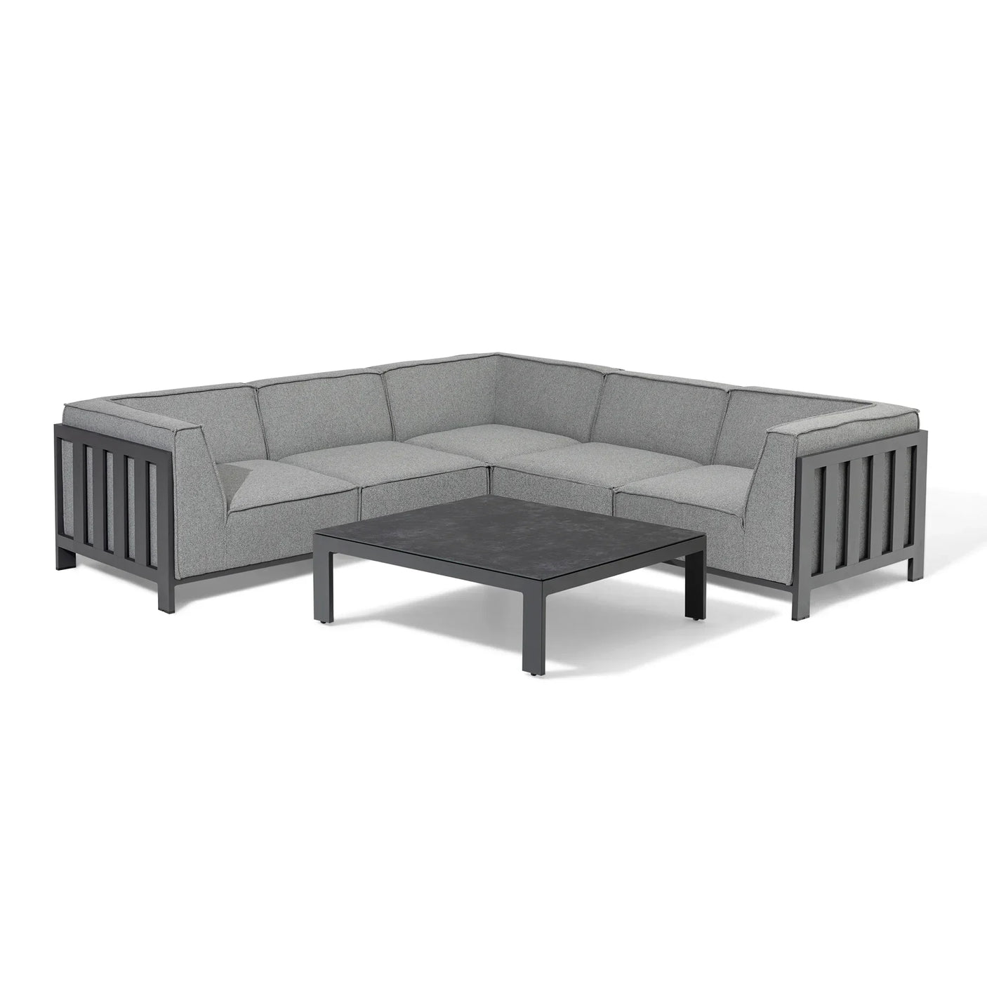 Grey outdoor corner sofa set with aluminium frame and low square coffee table