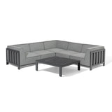 Grey outdoor corner sofa set with aluminium frame and low square coffee table