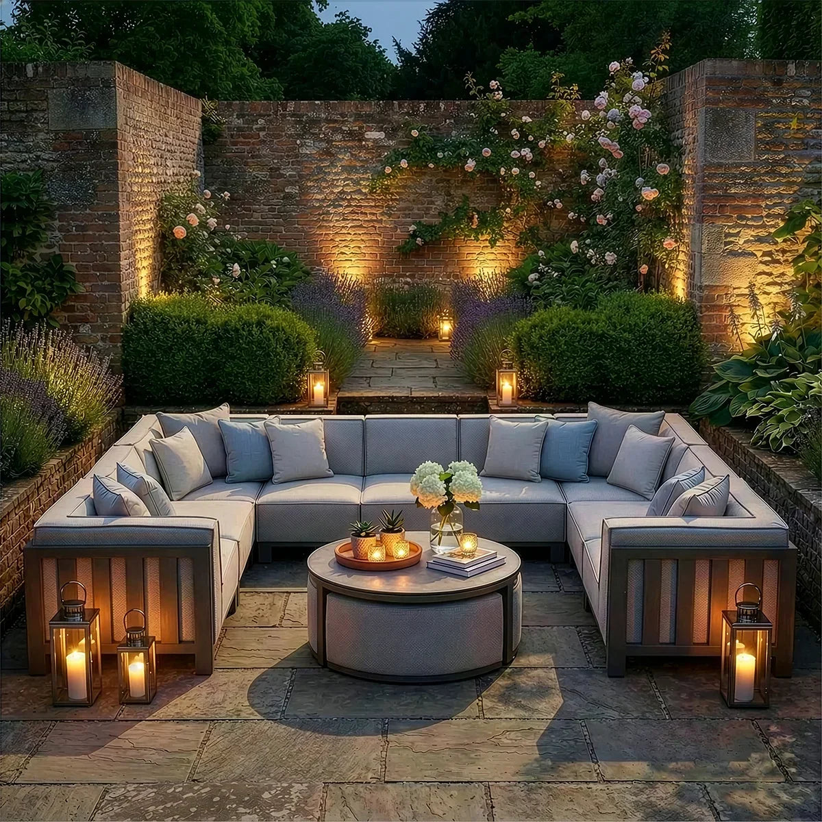 Grey outdoor corner sofa set with cushions and round coffee table in illuminated garden patio