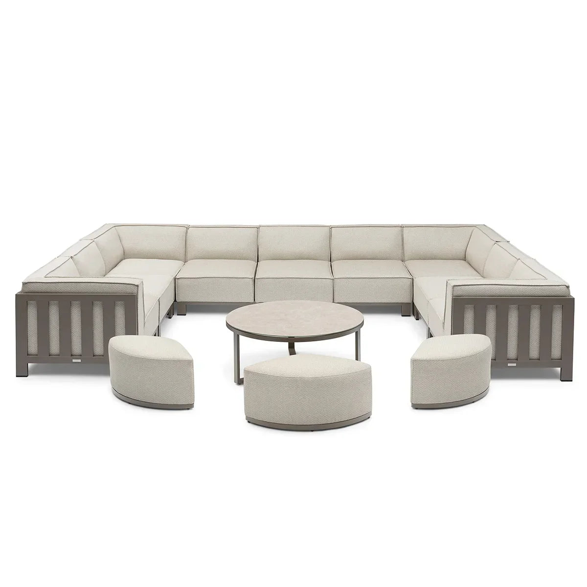 Beige outdoor corner sofa set with round coffee table and three curved stools