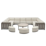 Beige outdoor corner sofa set with round coffee table and three curved stools