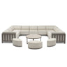 Beige outdoor corner sofa set with round coffee table and three curved stools