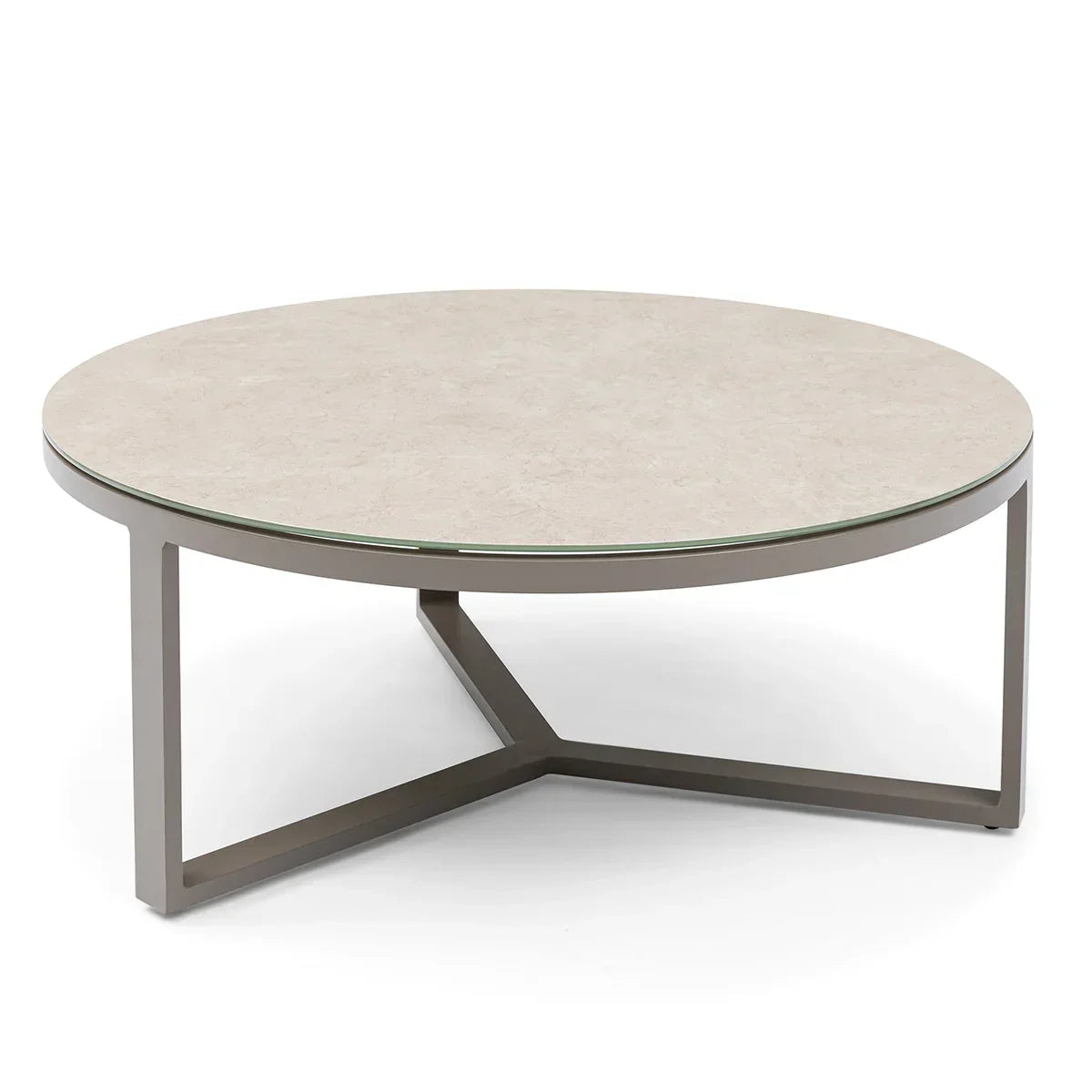 Round coffee table with beige stone top and metal frame, angled front view