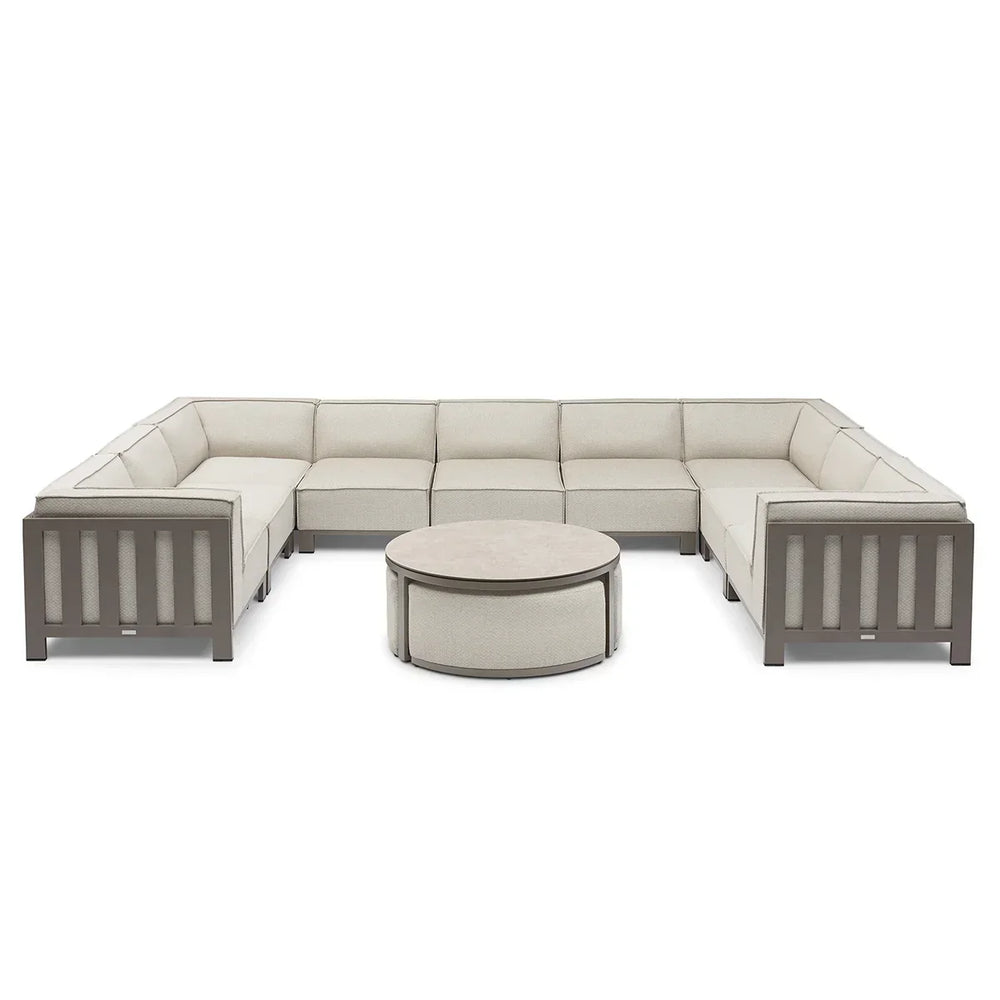Beige corner sectional sofa set with round coffee table and wood frame detail