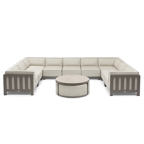 Beige corner sectional sofa set with round coffee table and wood frame detail